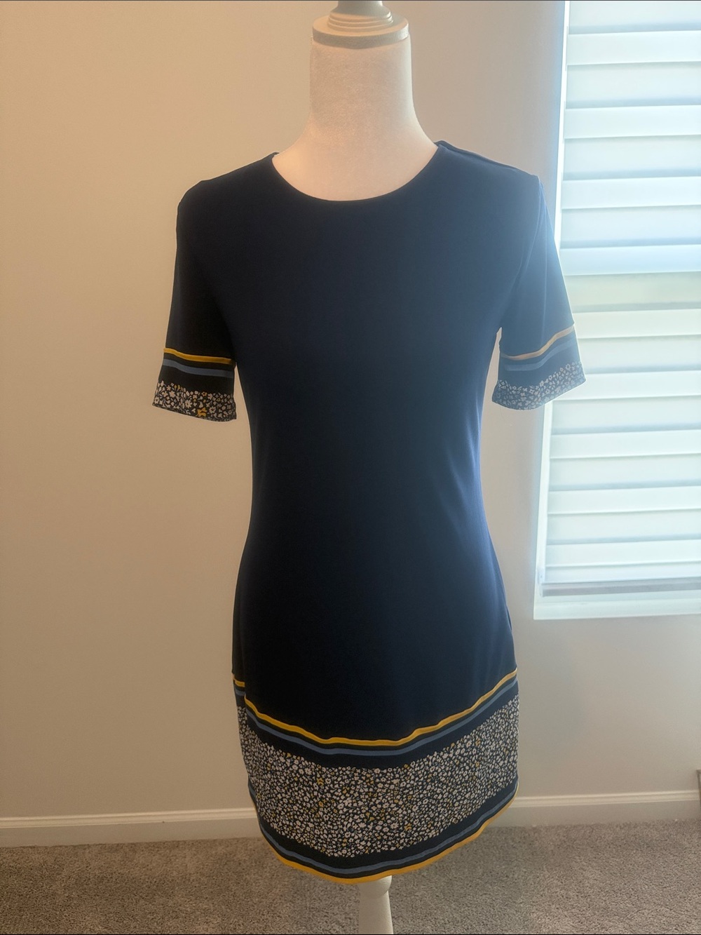 Michael Kors Navy Dress with Yellow Trim and Floral Border